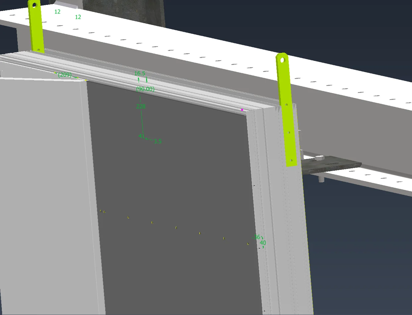 Close-up of the cladding panel hanging brackets on the support beam