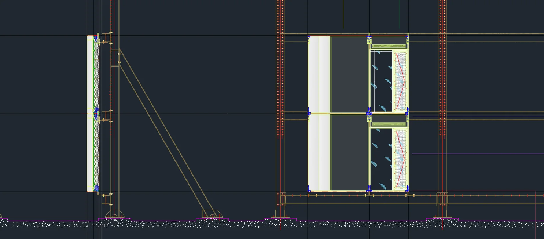 Elevation and section of the visual mock-up: steel support frame with the cladding assembly