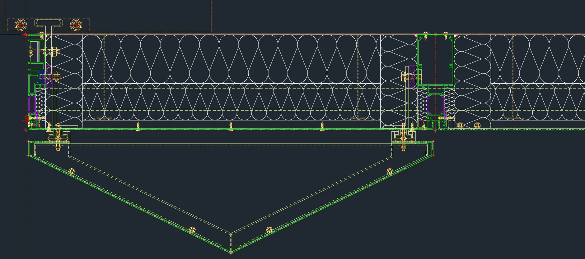 Plan section through the facade build-up: insulation, support rails and folded cladding panel