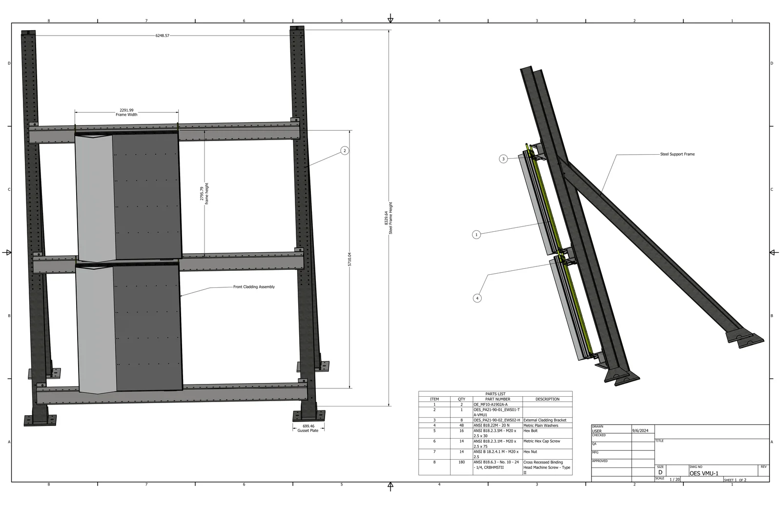 Drawing OES VMU-1, sheet 1 of 2: elevation and side view of the mock-up frame with parts list