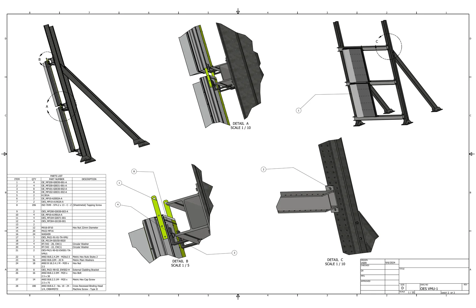 Drawing OES VMU-1, sheet 2 of 2: connection details A, B and C with full parts list