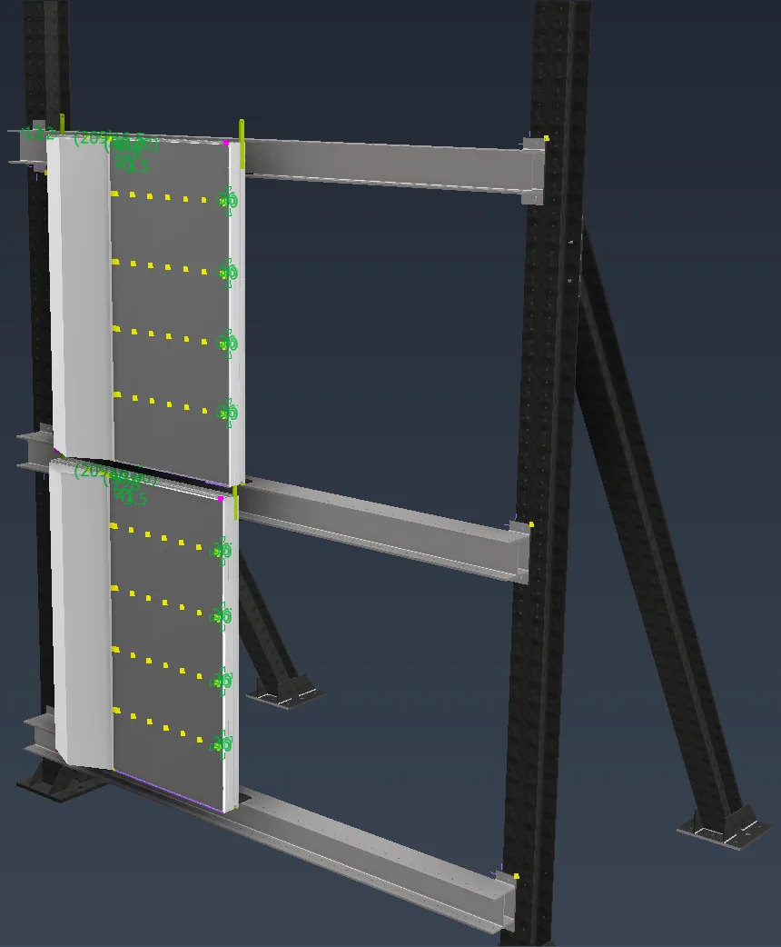 3D model of the mock-up: two cladding panels hung on the steel support frame