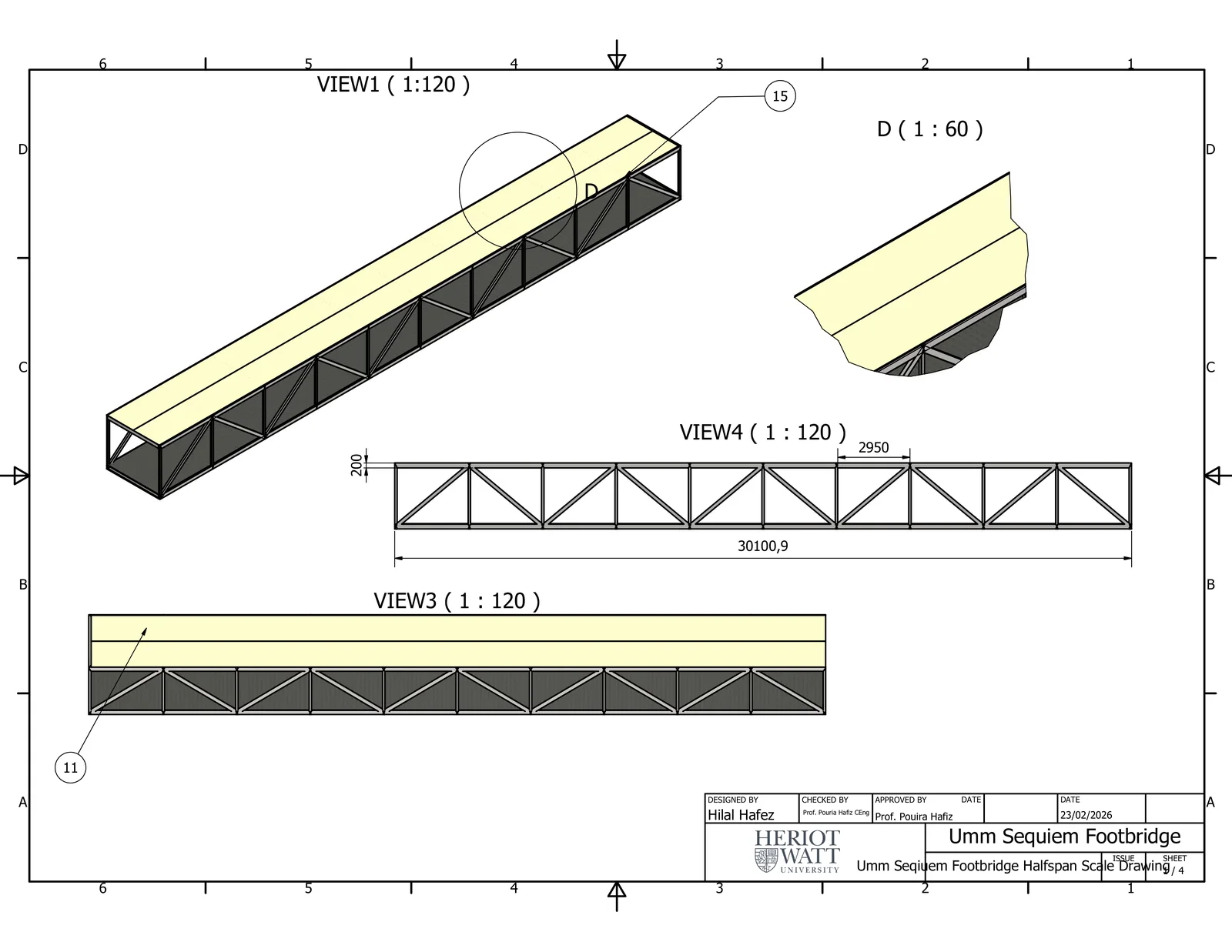 Drawing sheet 1 of 4: isometric, plan and elevation views with detail D