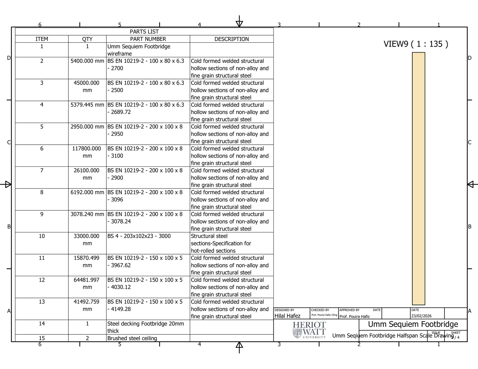 Drawing sheet 3 of 4: parts list of hollow sections, I-beams and decking
